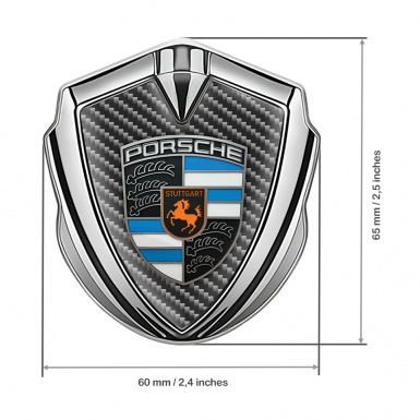 Porsche 3D Car Metal Domed Emblem Silver Dark Carbon Sky Blue Design