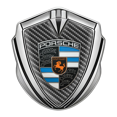 Porsche 3D Car Metal Domed Emblem Silver Dark Carbon Sky Blue Design