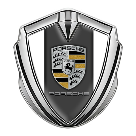 Porsche Fender Metal Domed Emblem Silver White Grey Base Copper Motif