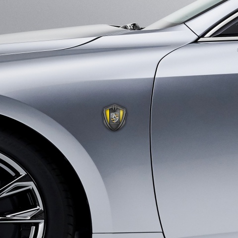 Porsche Metal Emblem Self Adhesive Graphite Yellow Base Sandy Elements