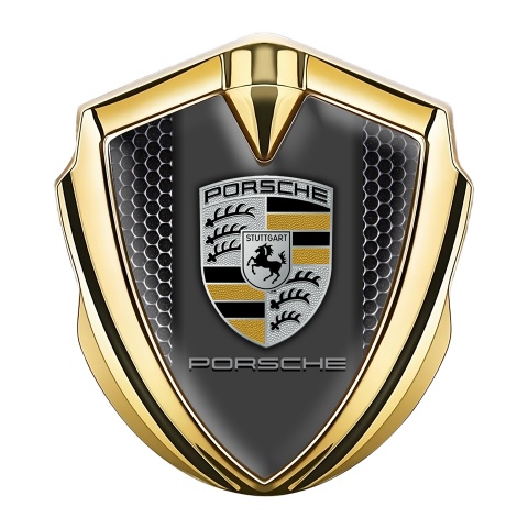 Porsche Bodyside Domed Emblem Gold Dark Grate Pilon Sandy Motif