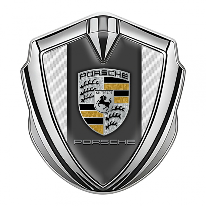 Porsche Trunk Metal Emblem Badge Silver White Carbon Silver Crest Design