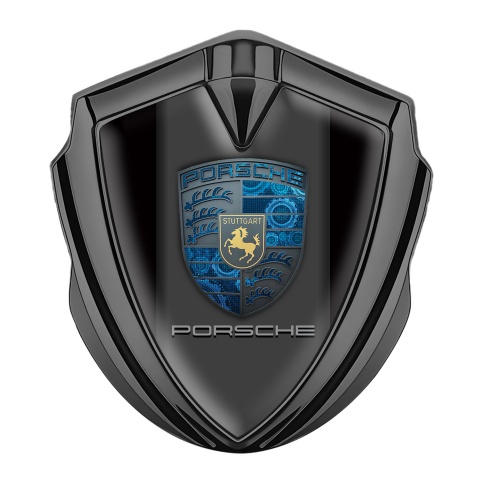 Porsche Fender Emblem Badge Graphite Black Base Pilon Electric Blue Cogs