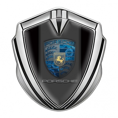 Porsche Fender Emblem Badge Silver Black Base Pilon Electric Blue Cogs