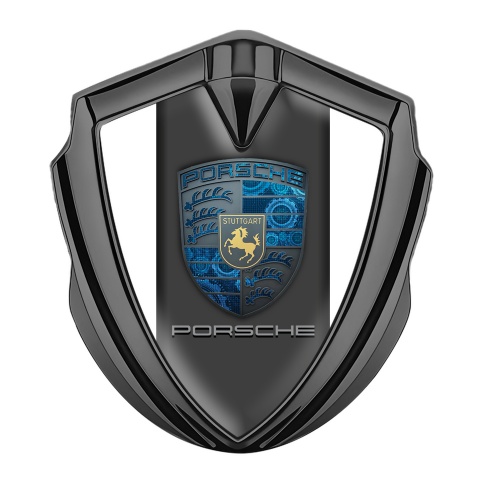 Porsche Fender Emblem Badge Graphite White Base Pilon Electric Blue Gears