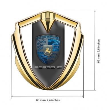 Porsche Fender Emblem Badge Gold White Base Pilon Electric Blue Gears