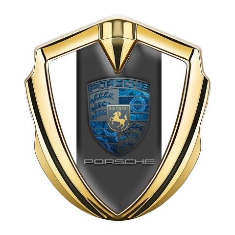 Porsche Fender Emblem Badge Gold White Base Pilon Electric Blue Gears