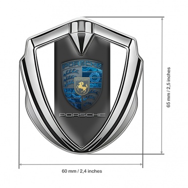 Porsche Fender Emblem Badge Silver White Base Pilon Electric Blue Gears
