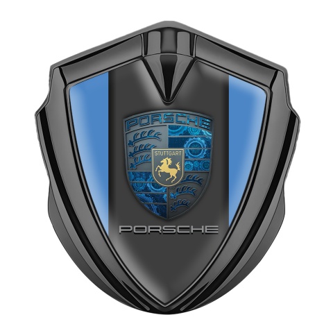 Porsche Trunk Metal Emblem Badge Graphite Blue Base Mechanical Gears