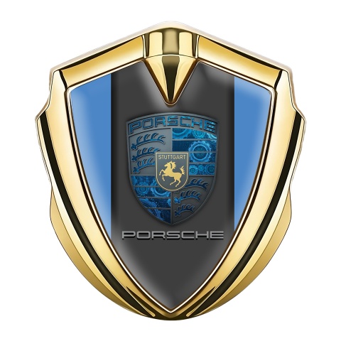 Porsche Trunk Metal Emblem Badge Gold Blue Base Mechanical Gears