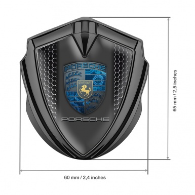 Porsche Bodyside Domed Emblem Graphite Onyx Grate Mechanical Cogs Motif