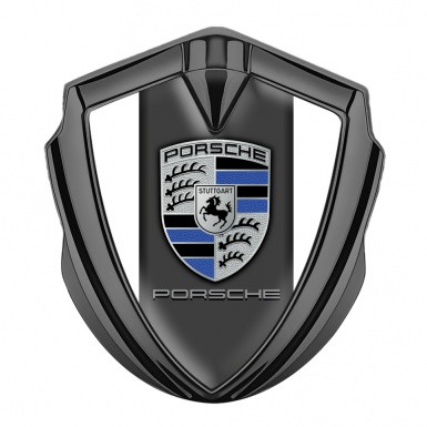 Porsche 3D Car Metal Domed Emblem Graphite White Base Blue Color Segment