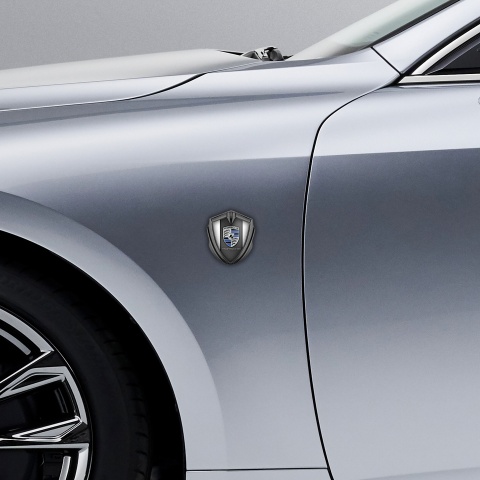 Porsche 3D Car Metal Domed Emblem Graphite White Base Blue Color Segment