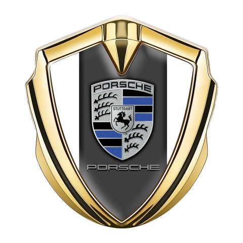Porsche 3D Car Metal Domed Emblem Gold White Base Blue Color Segment