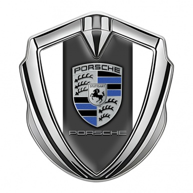 Porsche 3D Car Metal Domed Emblem Silver White Base Blue Color Segment