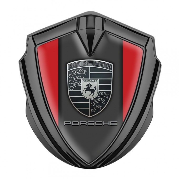 Porsche 3D Car Metal Domed Emblem Graphite Crimson Base Greyscale Crest