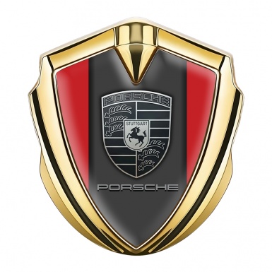 Porsche 3D Car Metal Domed Emblem Gold Crimson Base Greyscale Crest