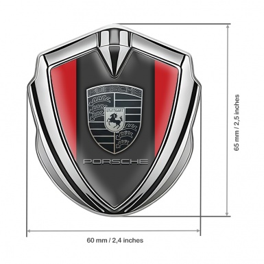 Porsche 3D Car Metal Domed Emblem Silver Crimson Base Greyscale Crest