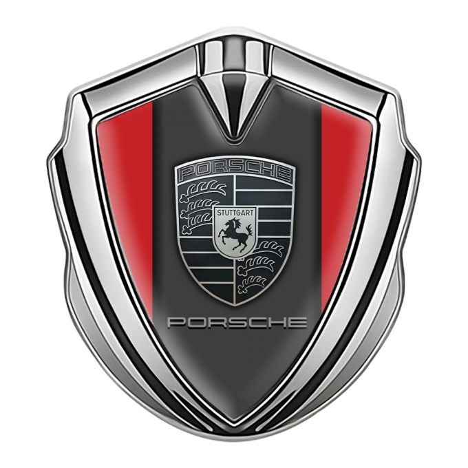 Porsche 3D Car Metal Domed Emblem Silver Crimson Base Greyscale Crest