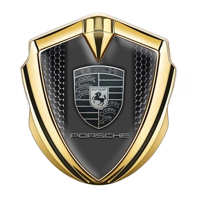 Porsche Tuning Emblem Self Adhesive Gold Metal Grate Monochrome Logo