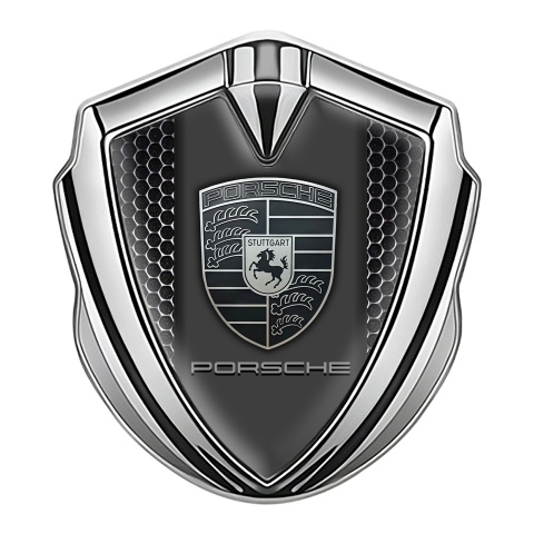 Porsche Tuning Emblem Self Adhesive Silver Metal Grate Monochrome Logo