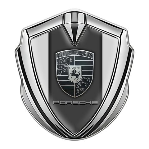 Porsche Fender Metal Domed Emblem Silver Grey Border Monochrome Motif