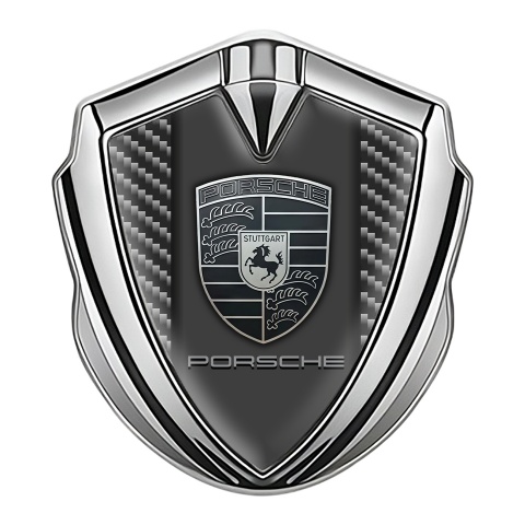 Porsche Trunk Emblem Badge Silver Dark Carbon Frame Monochrome Logo