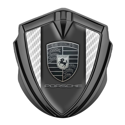 Porsche Trunk Metal Emblem Badge Graphite Pearly Carbon Frame Greyscale Logo