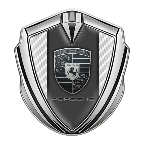 Porsche Trunk Metal Emblem Badge Silver Pearly Carbon Frame Greyscale Logo