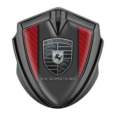 Porsche Bodyside Domed Emblem Graphite Red Carbon Border Greyscale Logo