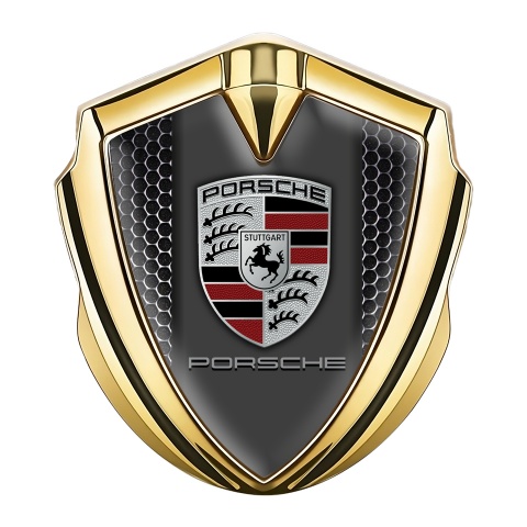 Porsche 3D Car Metal Domed Emblem Gold Steel Grate Base Classic Edition