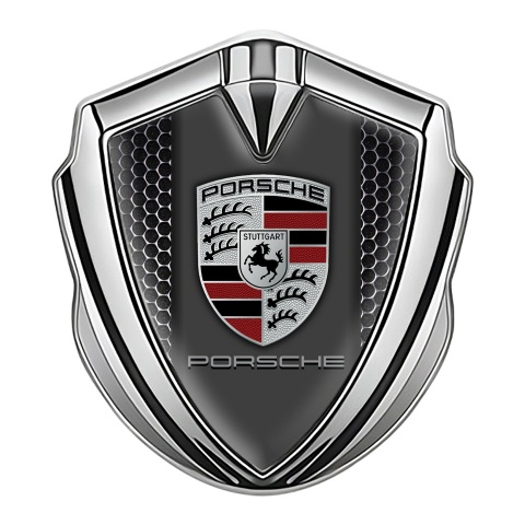 Porsche 3D Car Metal Domed Emblem Silver Steel Grate Base Classic Edition