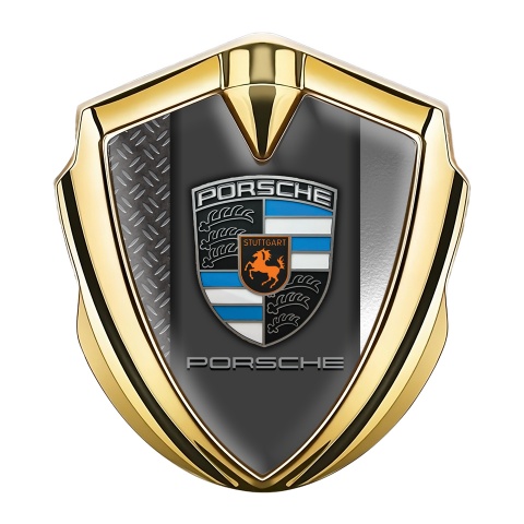 Porsche Bodyside Domed Emblem Gold Steel Dual Plates Classic Logo