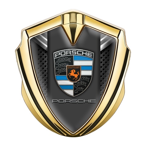 Porsche Self Adhesive Bodyside Emblem Gold Metal Mesh Grey Crest Design