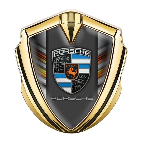 Porsche Bodyside Domed Emblem Gold Color Strokes Blue Elements Crest