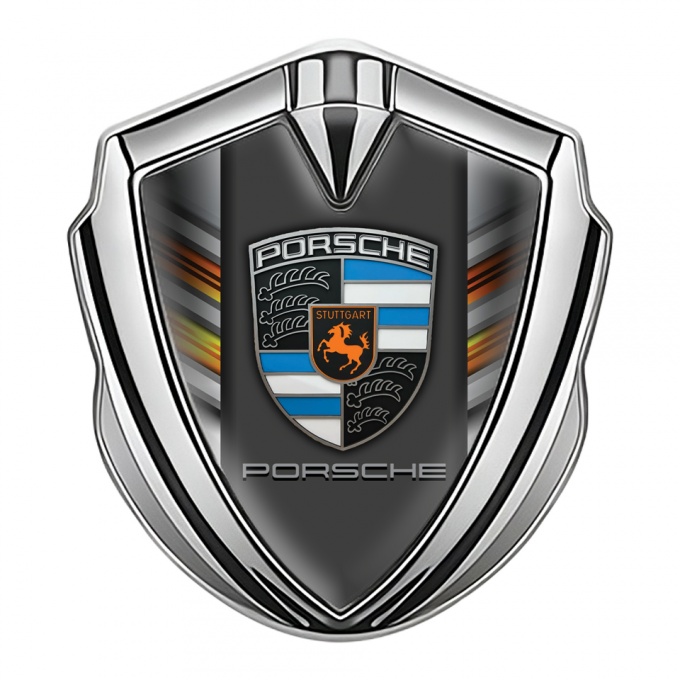 Porsche Bodyside Domed Emblem Silver Color Strokes Blue Elements Crest