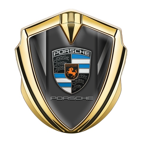 Porsche Fender Emblem Badge Gold Angled Grey Stripes Blue Fragments