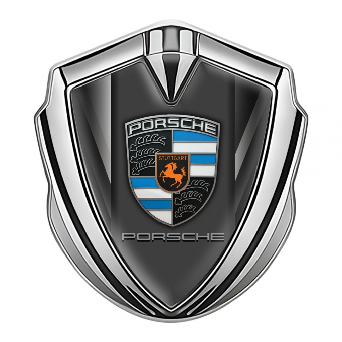 Porsche Fender Emblem Badge Silver Angled Grey Stripes Blue Fragments