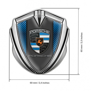 Porsche Fender Metal Domed Emblem Silver Persian Blue Mesh Classic Crest