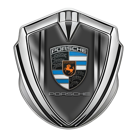 Porsche Bodyside Badge Self Adhesive Silver Metal Frame Blue Fragments