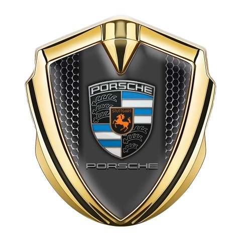 Porsche Fender Metal Domed Emblem Gold Steel Mesh Blue Crest Elements