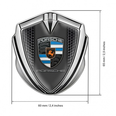 Porsche Fender Metal Domed Emblem Silver Steel Mesh Blue Crest Elements