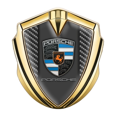 Porsche Fender Emblem Badge Gold Dark Carbon Blue Crest Facet Design