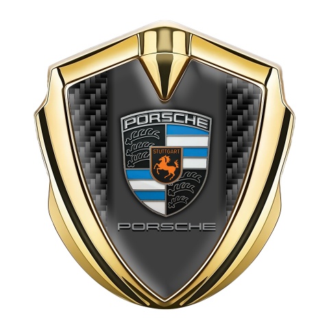 Porsche 3D Car Metal Domed Emblem Gold Black Carbon Blue Crest Motif