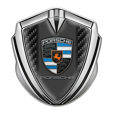 Porsche 3D Car Metal Domed Emblem Silver Black Carbon Blue Crest Motif