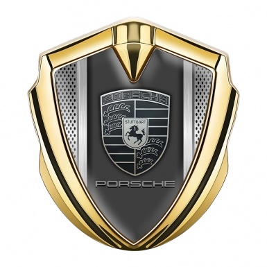 Porsche Bodyside Domed Emblem Gold Grey Steel Mesh Monochrome Logo