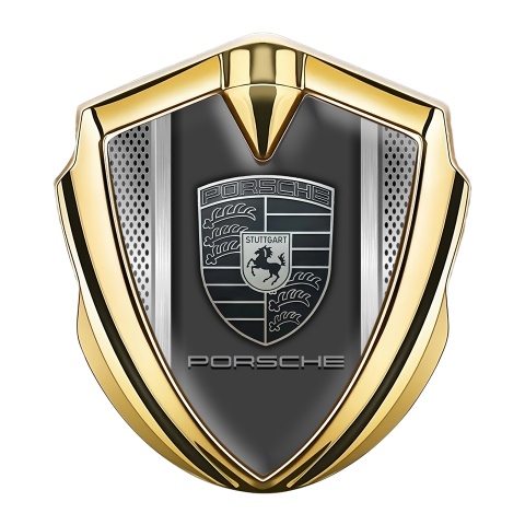 Porsche Bodyside Domed Emblem Gold Grey Steel Mesh Monochrome Logo
