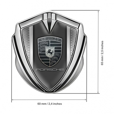 Porsche Bodyside Domed Emblem Silver Grey Steel Mesh Monochrome Logo