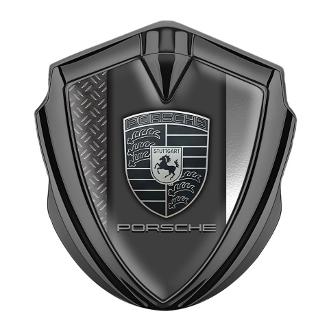 Porsche Fender Metal Domed Emblem Graphite Dual Steel Plates Greyscale Logo
