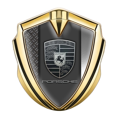 Porsche Fender Metal Domed Emblem Gold Dual Steel Plates Greyscale Logo